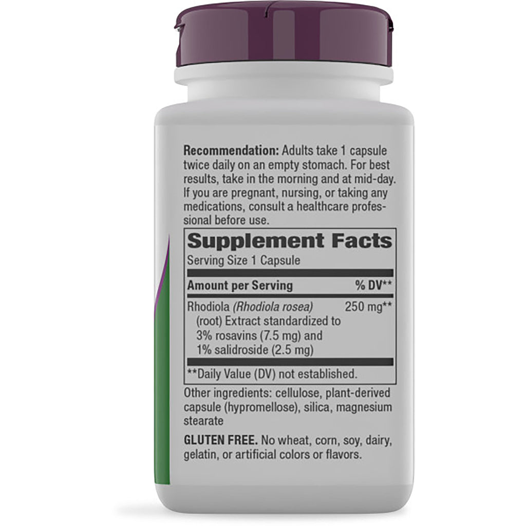 NW787 | Back of supplement bottle showing Supplement Facts panel with Rhodiola 250 mg serving, usage directions and warnings - Thumbnail