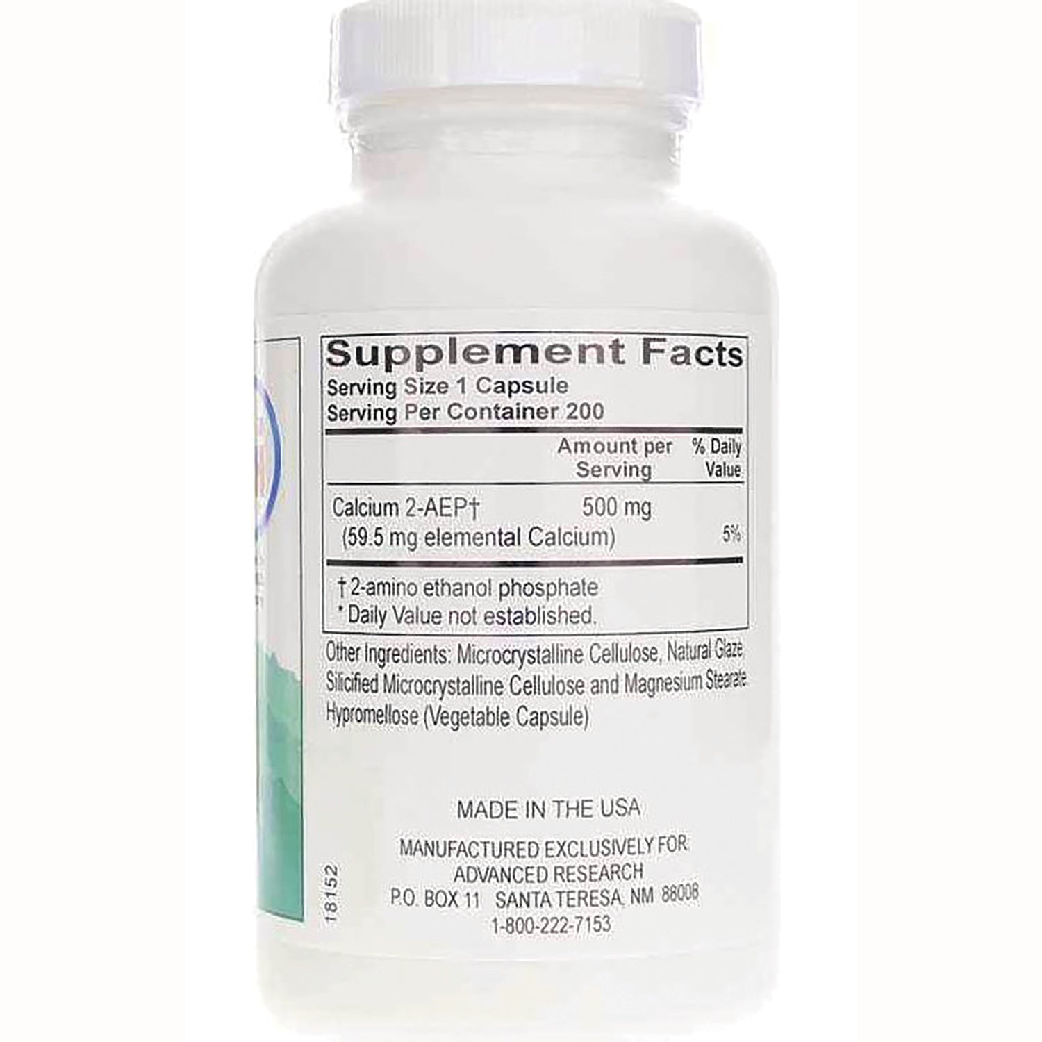 ADR011 | Supplement Facts label on white bottle: Serving Size 1 Capsule, Calcium 2-AEP 500 mg, Made in the USA
