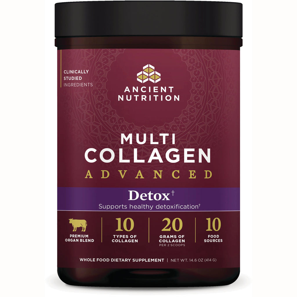 ATN128 | Ancient Nutrition Multi Collagen Advanced Detox powder jar front label showing 20 grams per 2 scoops - Thumbnail