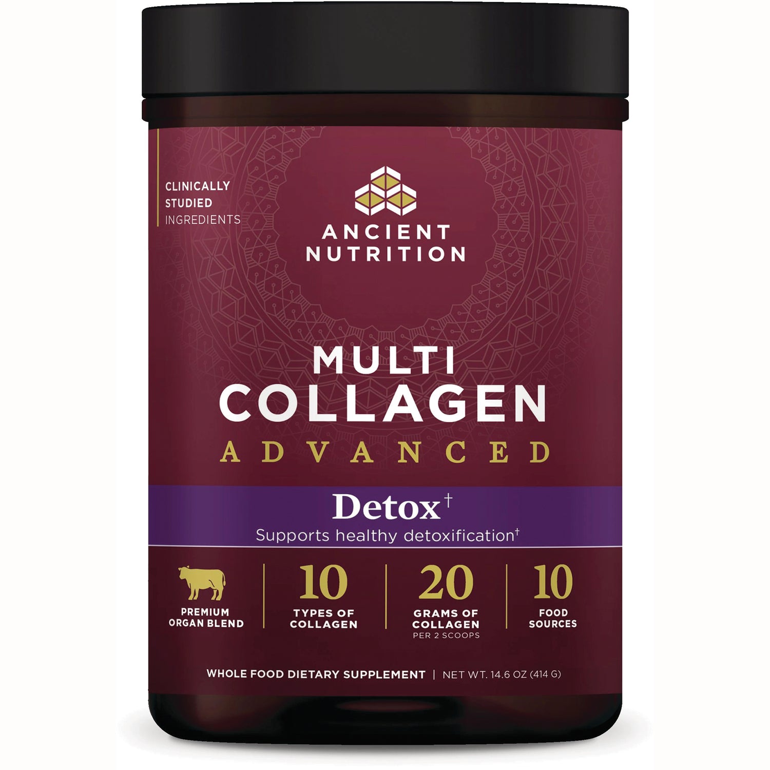 ATN128 | Ancient Nutrition Multi Collagen Advanced Detox powder jar front label showing 20 grams per 2 scoops