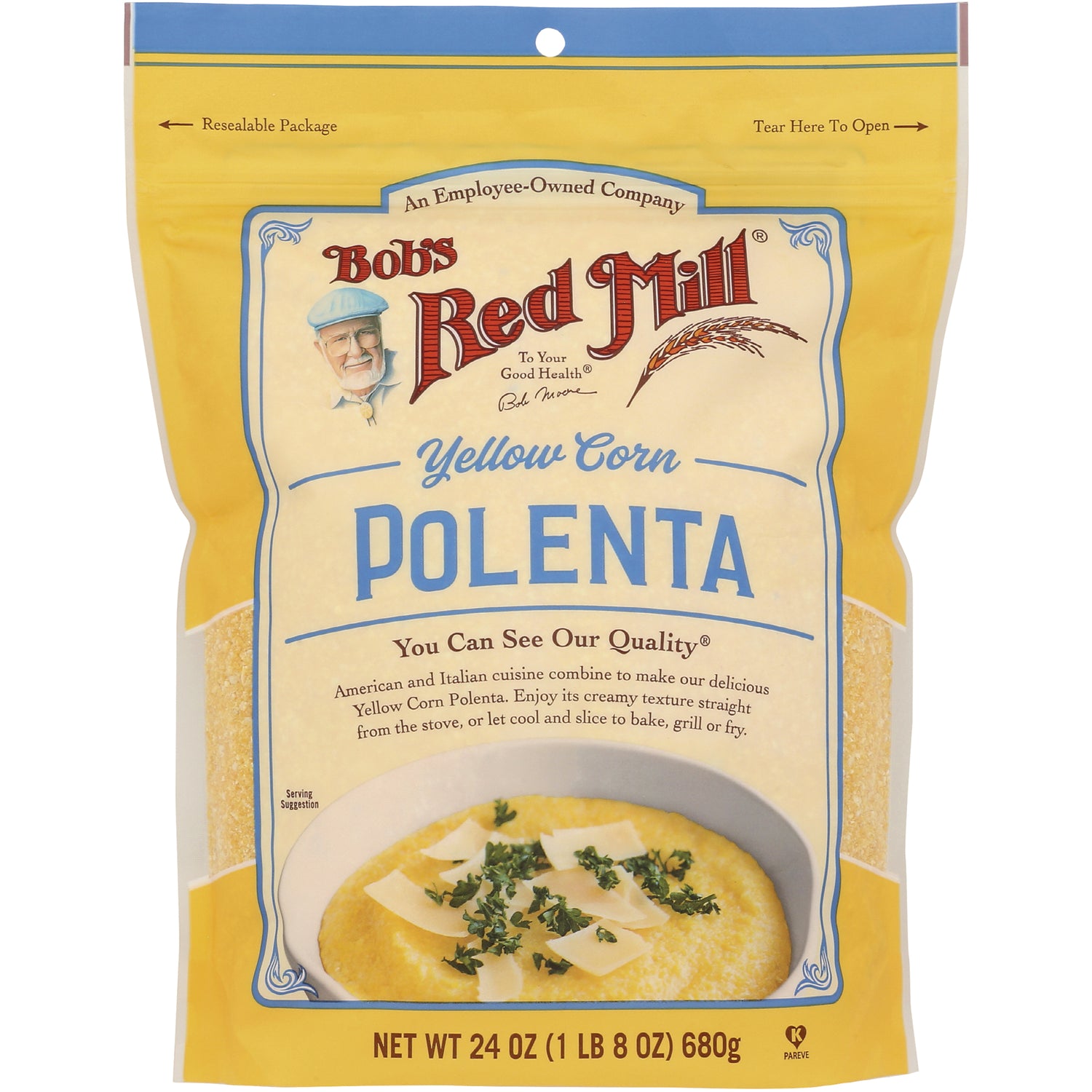 BOB414 | Bob's Red Mill yellow corn Polenta bag front showing branding and bowl serving, net wt 24 oz