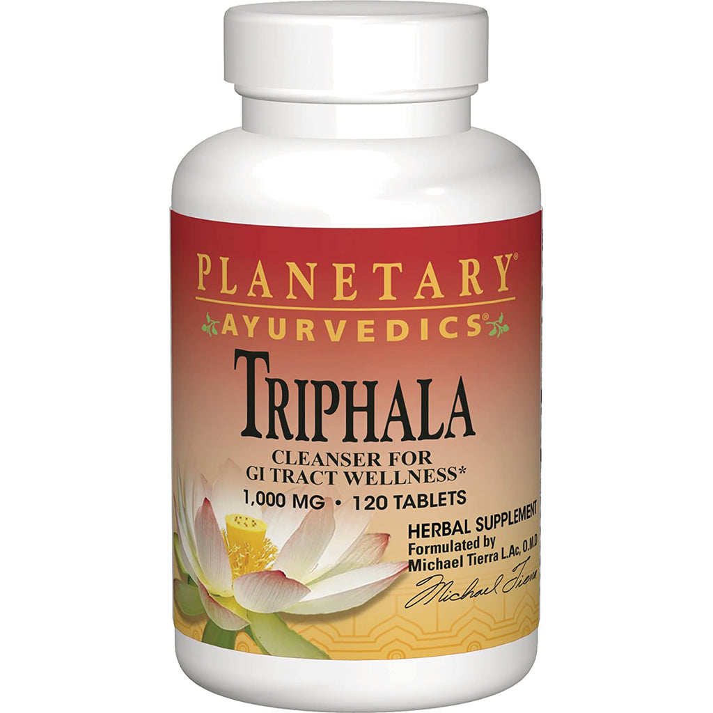 PF088 | Planetary Ayurvedics Triphala 1,000 mg supplement bottle front label showing 120 tablets and lotus artwork - Thumbnail