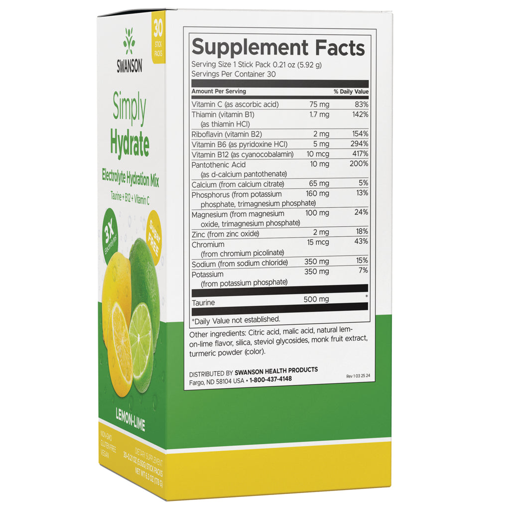 SW1897 |Back of Simply Hydrate lemon-lime box showing Supplement Facts panel, ingredients and contact information - Thumbnail
