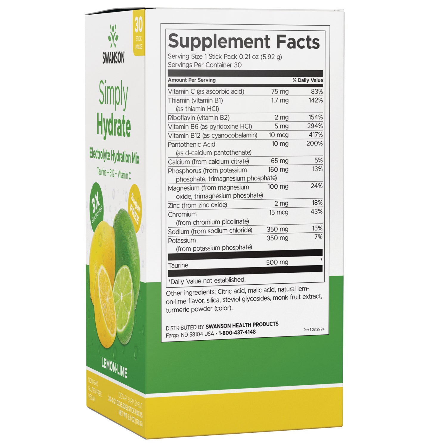 SW1897 |Back of Simply Hydrate lemon-lime box showing Supplement Facts panel, ingredients and contact information