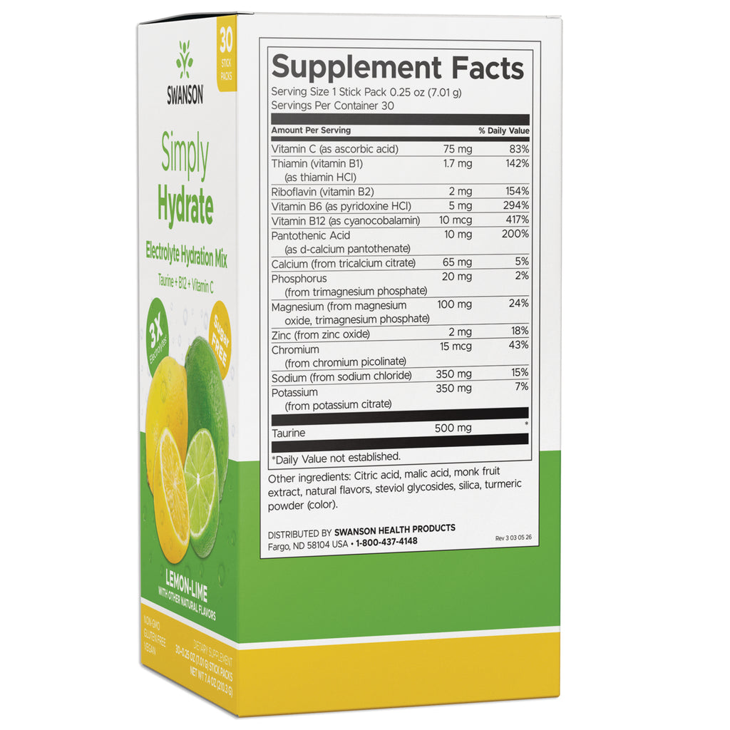 SW1897 |Back of Simply Hydrate lemon-lime box showing Supplement Facts panel, ingredients and contact information - Thumbnail
