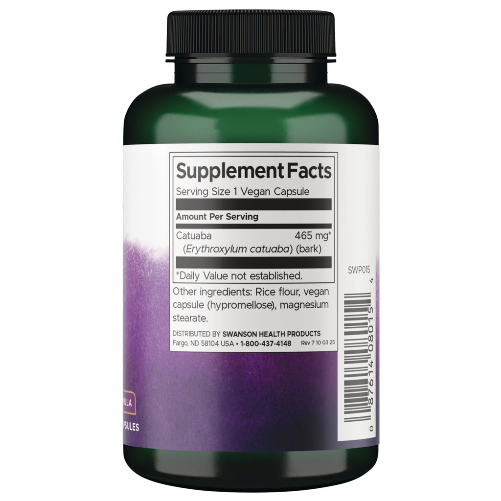 Back label Supplement Facts for Catuaba 465 mg per vegan capsule; other ingredients listed, barcode visible - Thumbnail