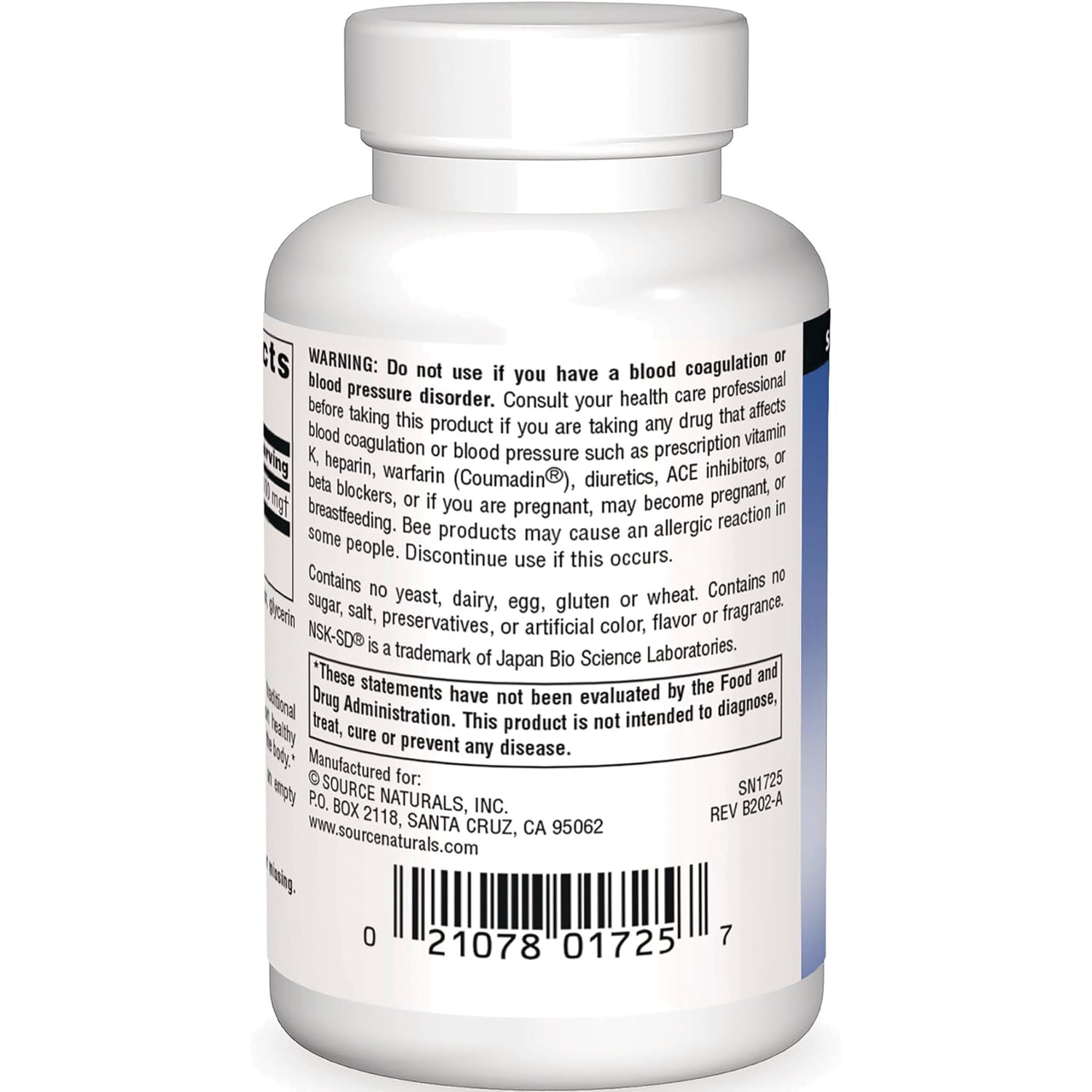 SN626 | Supplement bottle back label with warning text, Source Naturals manufacturer info, and barcode