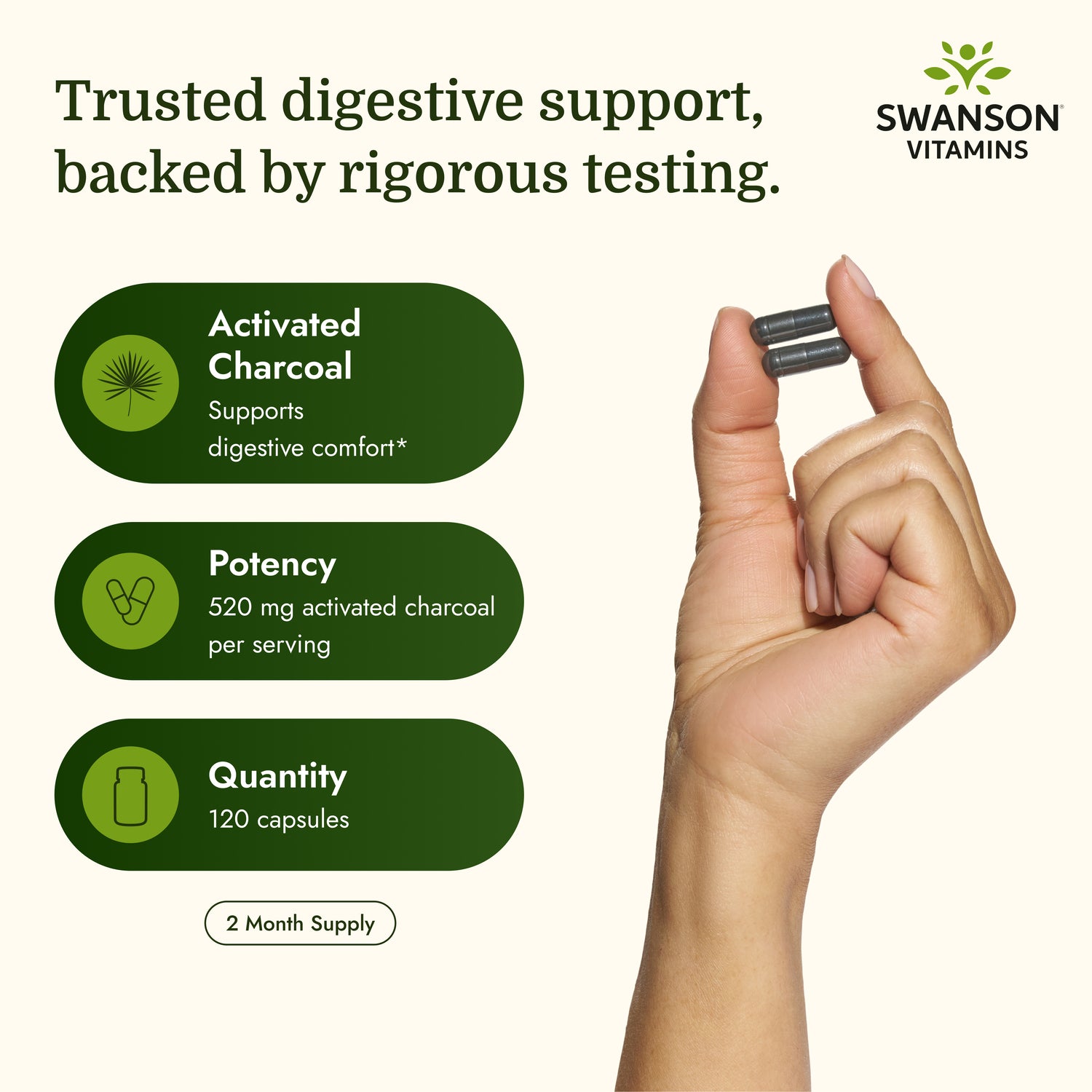SW1355 | Swanson Vitamins activated charcoal capsules, 120 count, with two capsules held in hand