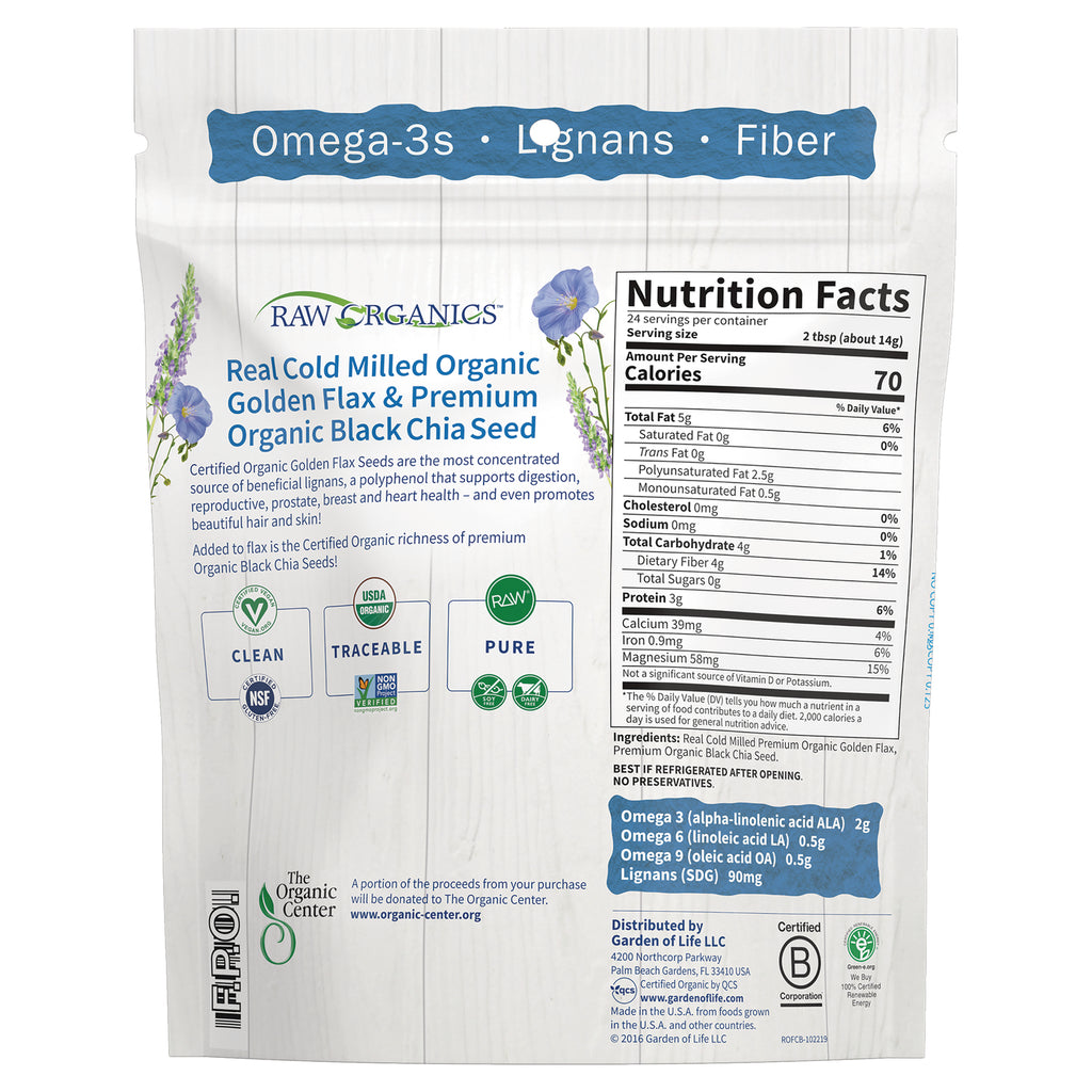 GLF166 | Back of resealable pouch showing Nutrition Facts, ingredients and product claims for organic golden flax and black chia seed - Thumbnail