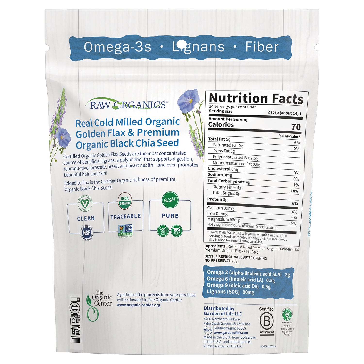 GLF166 | Back of resealable pouch showing Nutrition Facts, ingredients and product claims for organic golden flax and black chia seed