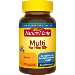 NTM015 | Nature Made Multi For Him 50+ front label on yellow 90-tablet dietary supplement bottle
