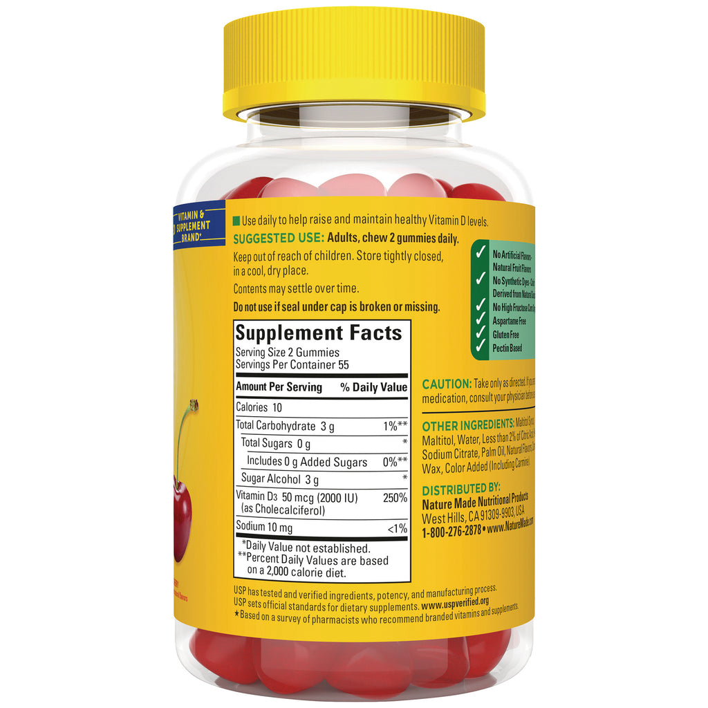 NTM201 | Back label showing Supplement Facts panel, suggested use, ingredients and caution on yellow bottle of red gummy vitamins - Thumbnail
