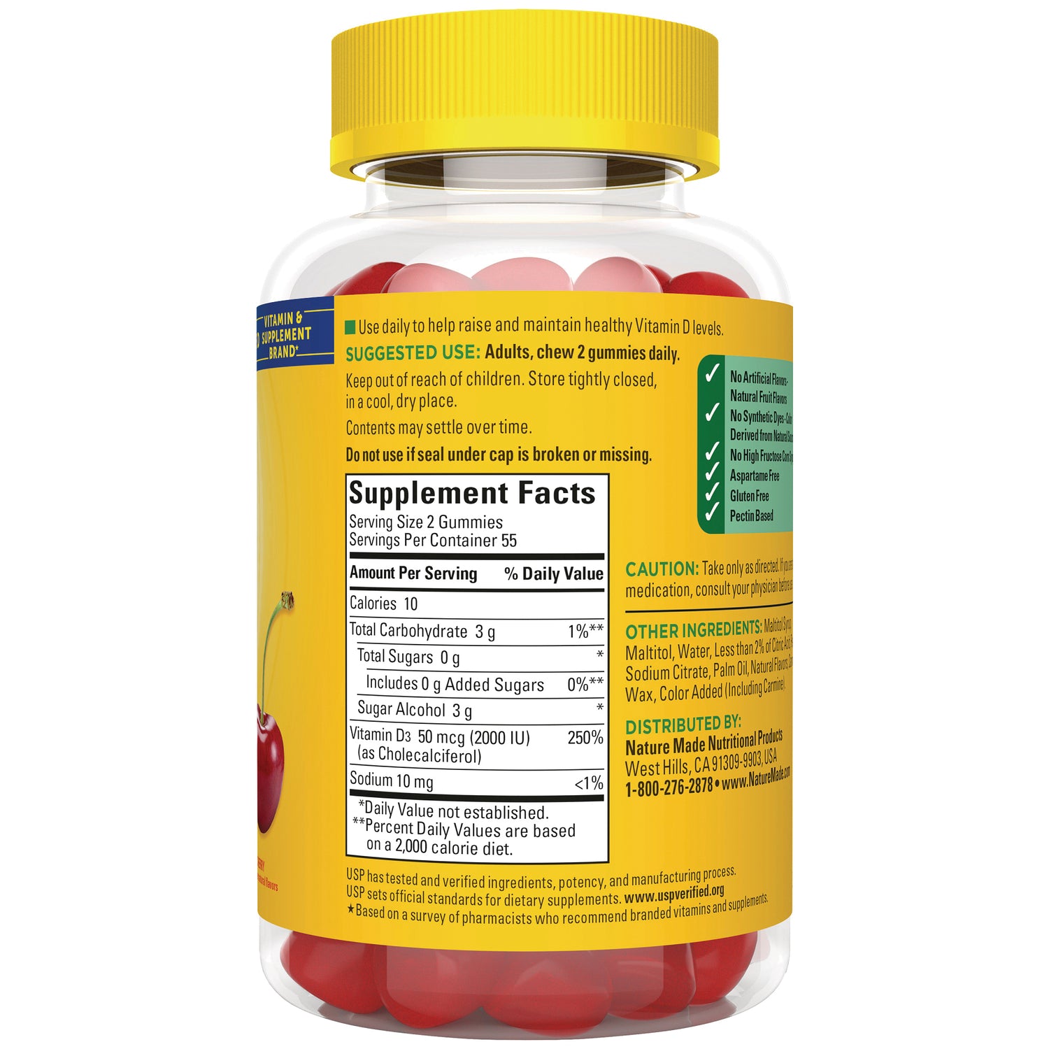 NTM201 | Back label showing Supplement Facts panel, suggested use, ingredients and caution on yellow bottle of red gummy vitamins
