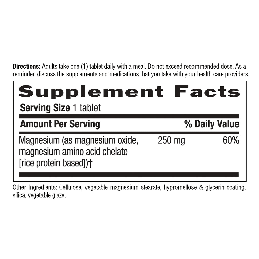 CRL650 | Supplement Facts label showing Serving Size 1 tablet, Magnesium 250 mg (60%), other ingredients and directions - Thumbnail