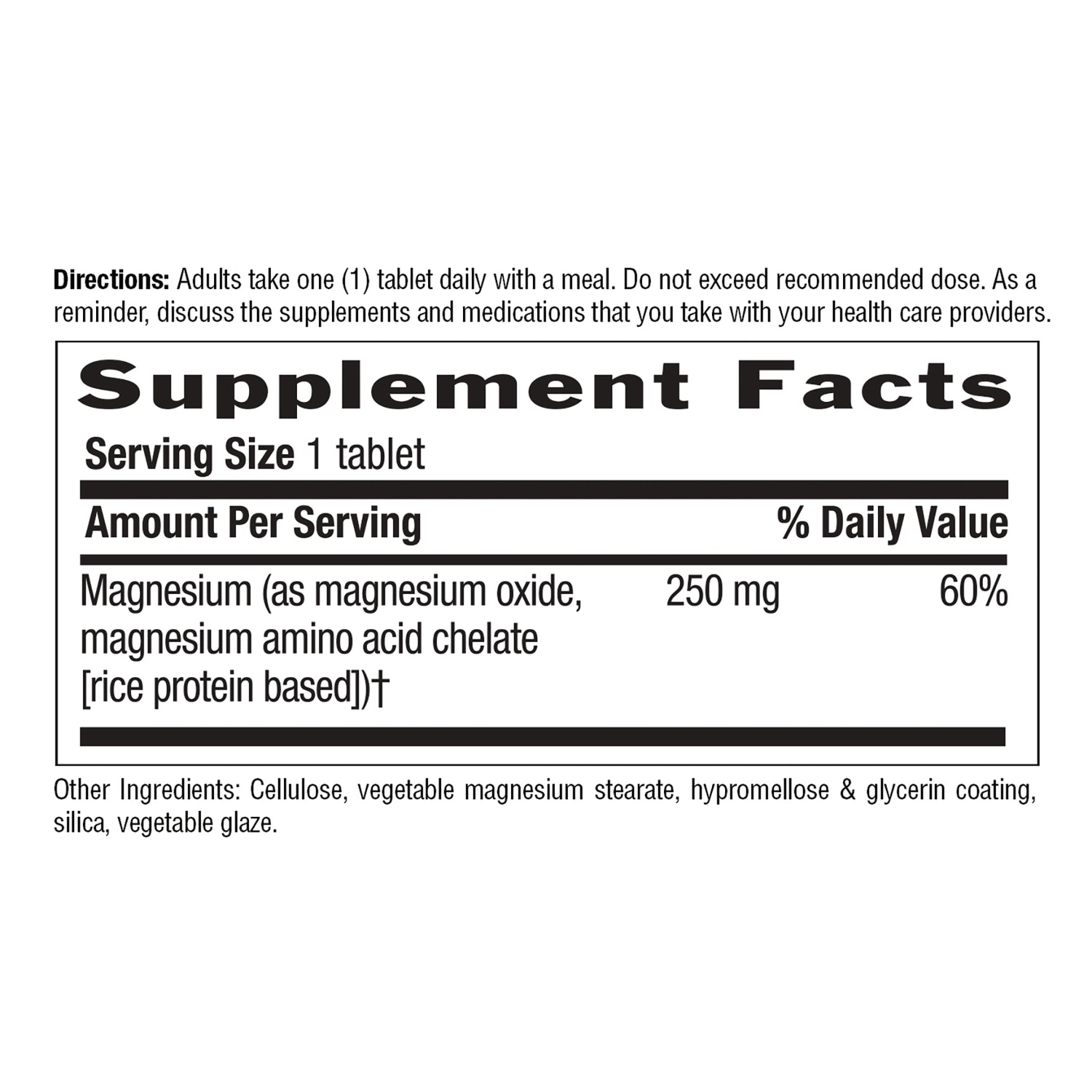 CRL650 | Supplement Facts label showing Serving Size 1 tablet, Magnesium 250 mg (60%), other ingredients and directions