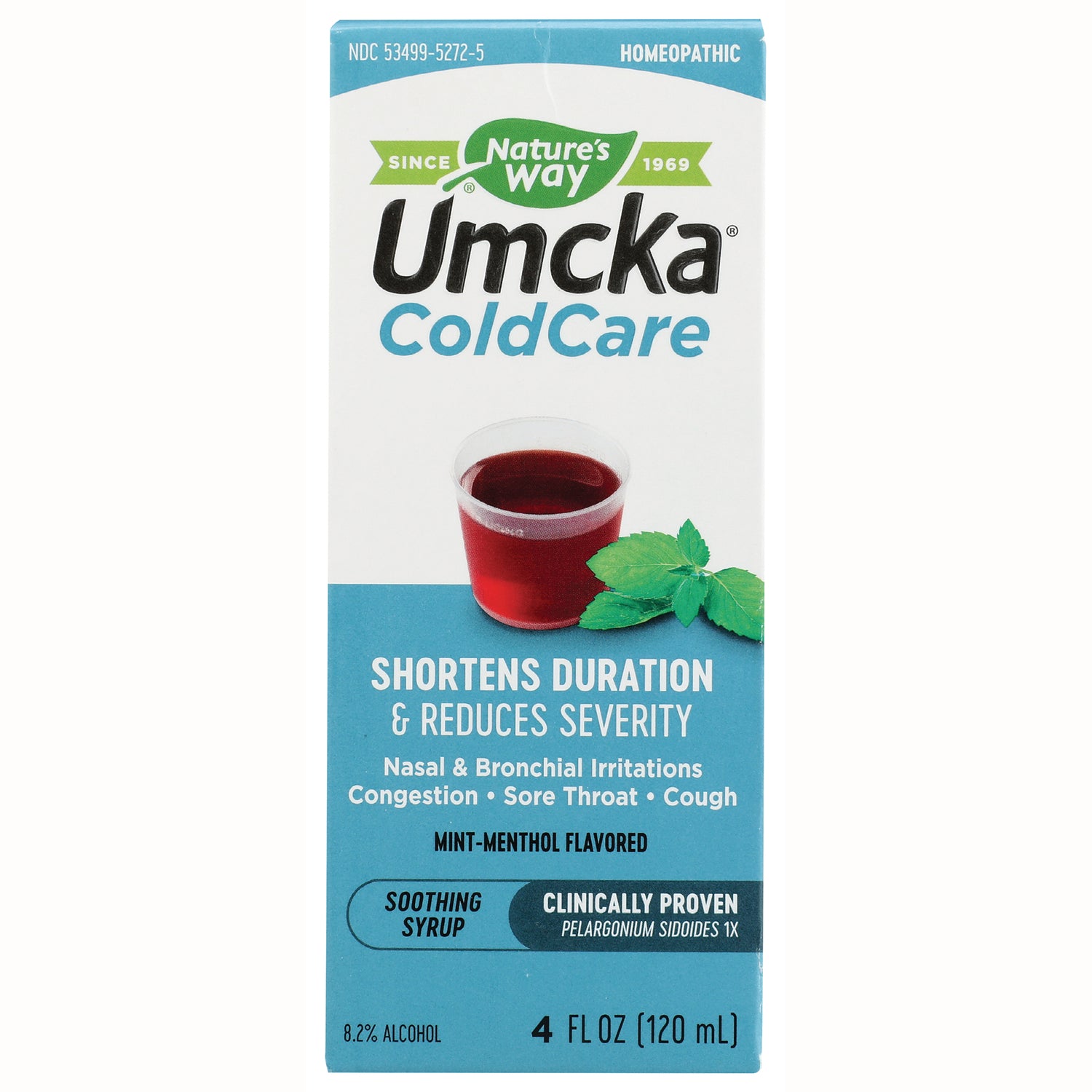NW583 | Umcka ColdCare mint-menthol soothing syrup box front showing cup of red syrup and mint leaves