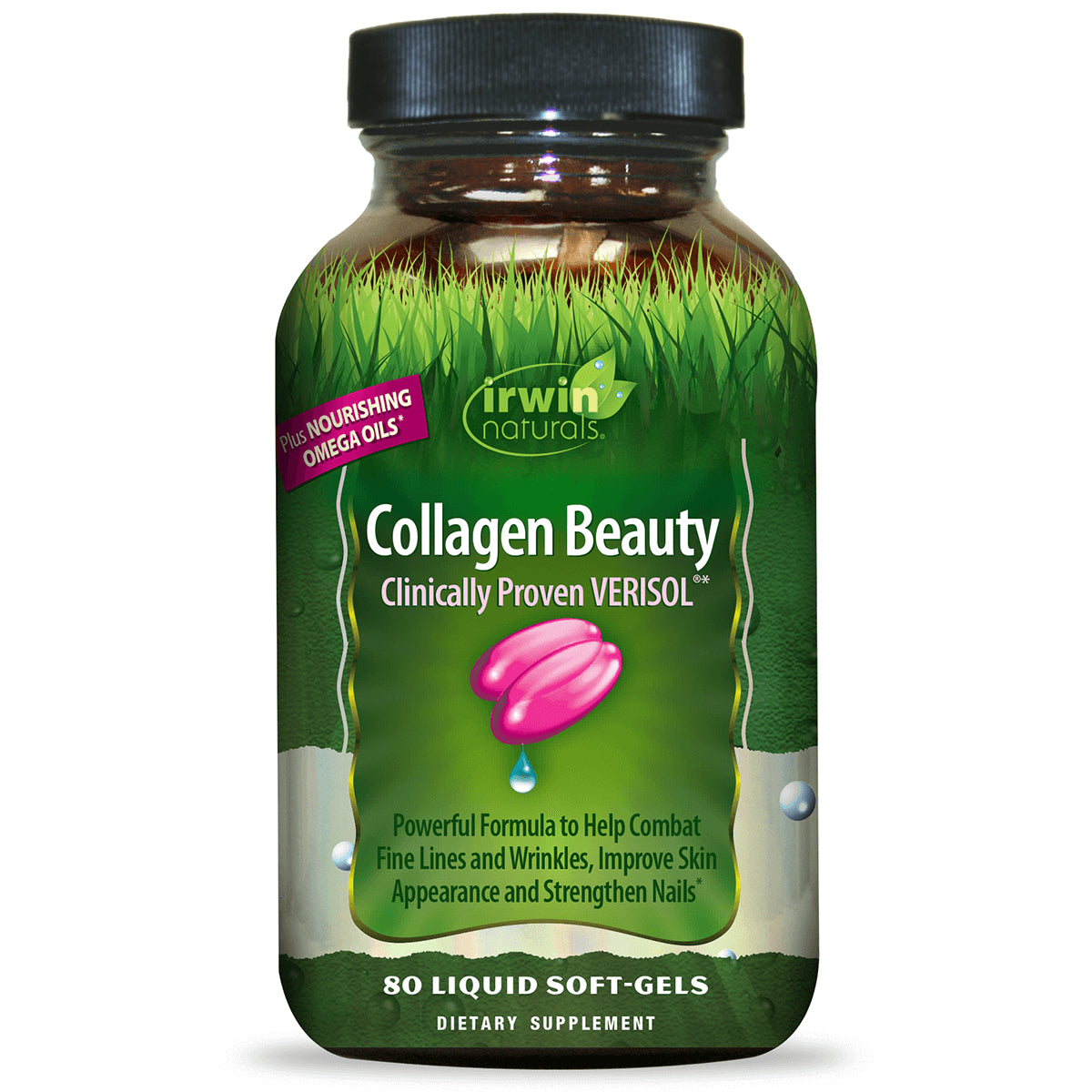 IR145 | Irwin Naturals Collagen Beauty bottle front label showing 80 liquid soft-gels and claims to improve skin and strengthen nails