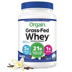 OGN007 | Orgain Grass-Fed Whey vanilla protein powder 21g grass-fed protein per serving 1.82 lb container