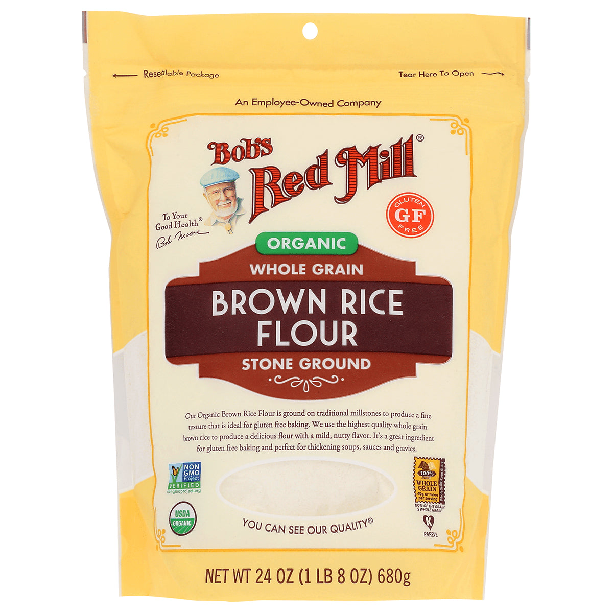 BOB297 | Bob's Red Mill organic whole grain brown rice flour stone ground front packaging, 24 oz
