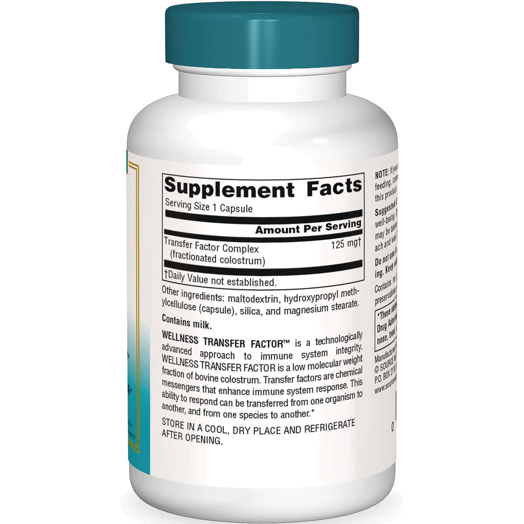 SN607 | Back label with Supplement Facts for Wellness Transfer Factor, serving size 1 capsule - Thumbnail