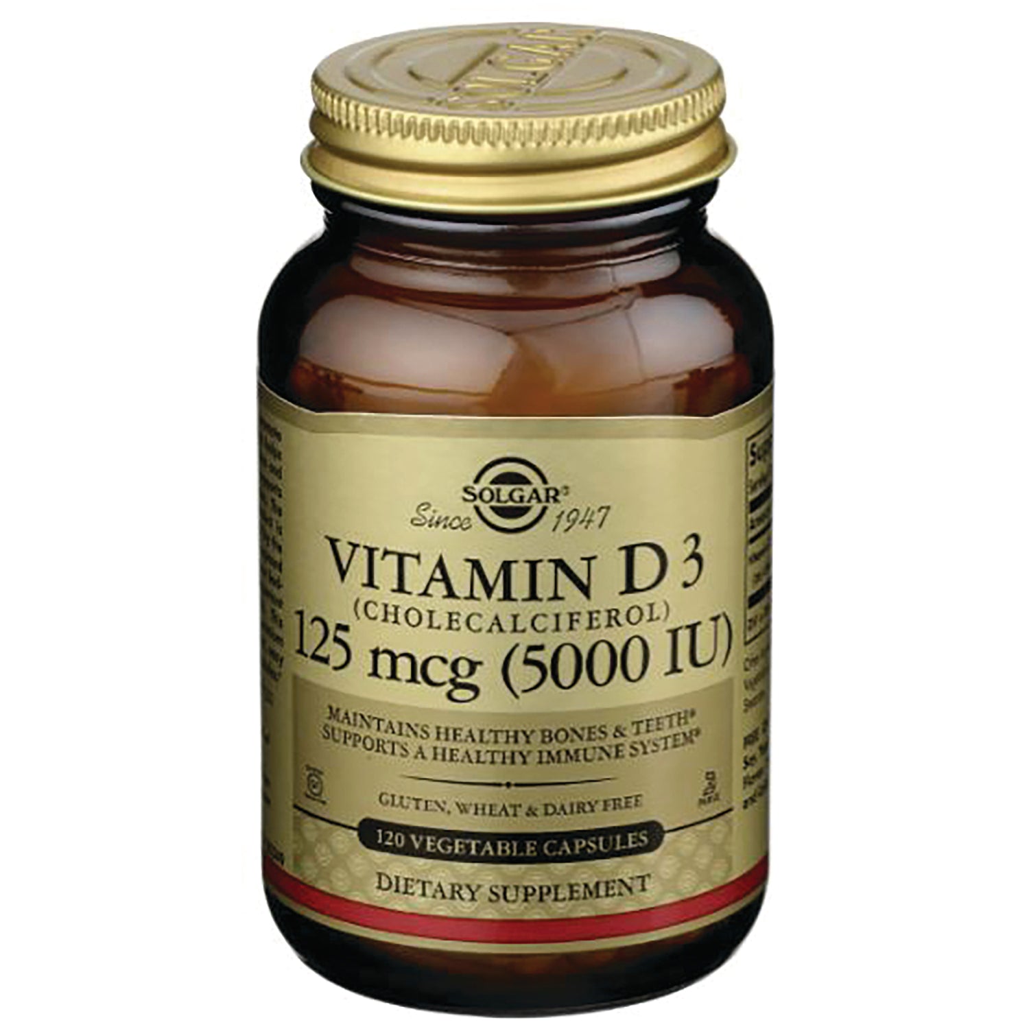 SLG248 | Solgar Vitamin D3 125 mcg (5000 IU) amber bottle with gold label, 120 vegetable capsules dietary supplement