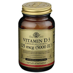 SLG248 | Solgar Vitamin D3 125 mcg (5000 IU) amber bottle with gold label, 120 vegetable capsules dietary supplement