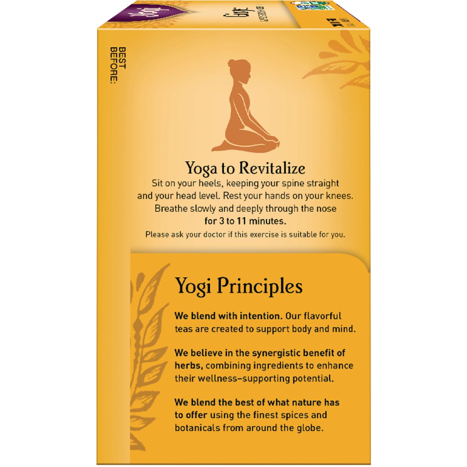 AHW007 | Yogi tea box panel with Yoga to Revitalize instructions and Yogi Principles brand message