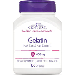 CNT056 | 21st Century Gelatin supplement bottle, front label reads Gelatin Hair, Skin & Nail Support 600 mg 100 capsules