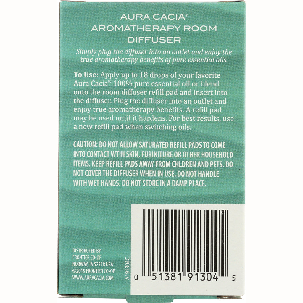 ARC018 | Back panel of Aura Cacia Aromatherapy Room Diffuser showing usage instructions, caution text and barcode - Thumbnail