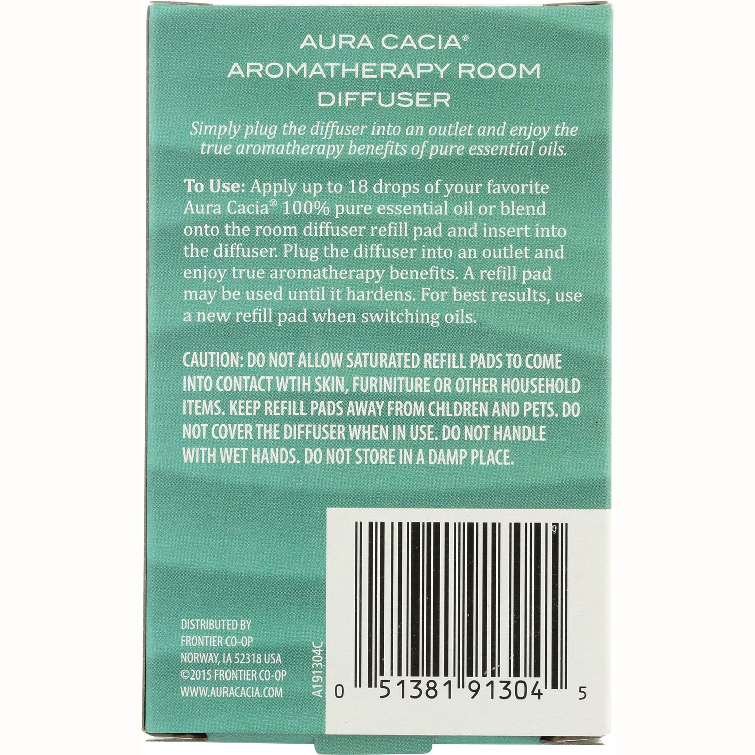 ARC018 | Back panel of Aura Cacia Aromatherapy Room Diffuser showing usage instructions, caution text and barcode