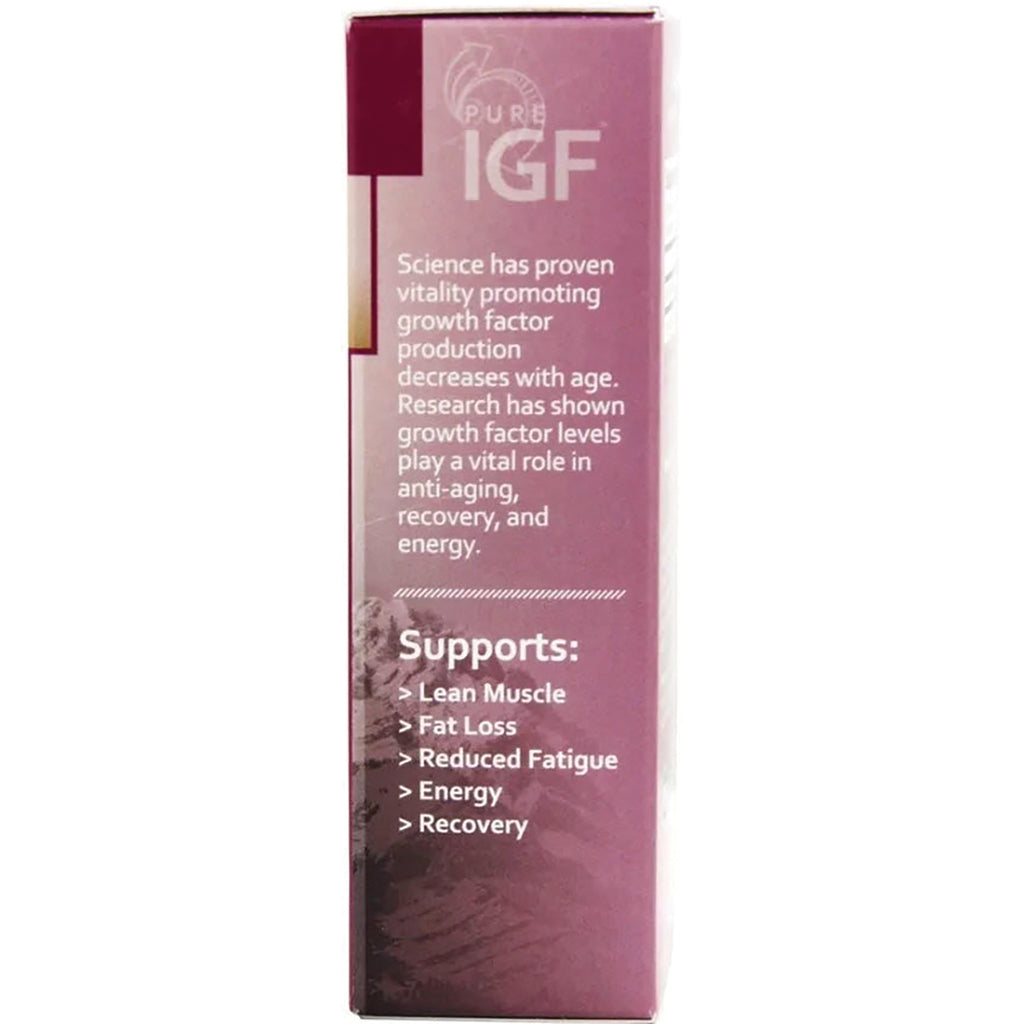 PSL005 | Side panel of purple Pure IGF box listing supports: Lean Muscle, Fat Loss, Reduced Fatigue, Energy, Recovery - Thumbnail