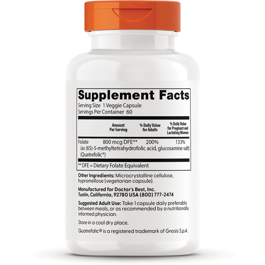 DB296 | Back label of supplement bottle showing Supplement Facts, folate 800 mcg DFE, other ingredients - Thumbnail
