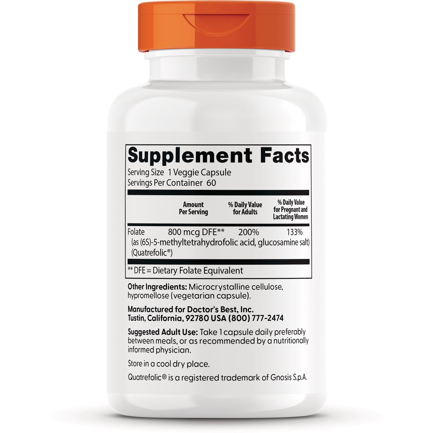 DB296 | Back label of supplement bottle showing Supplement Facts, folate 800 mcg DFE, other ingredients