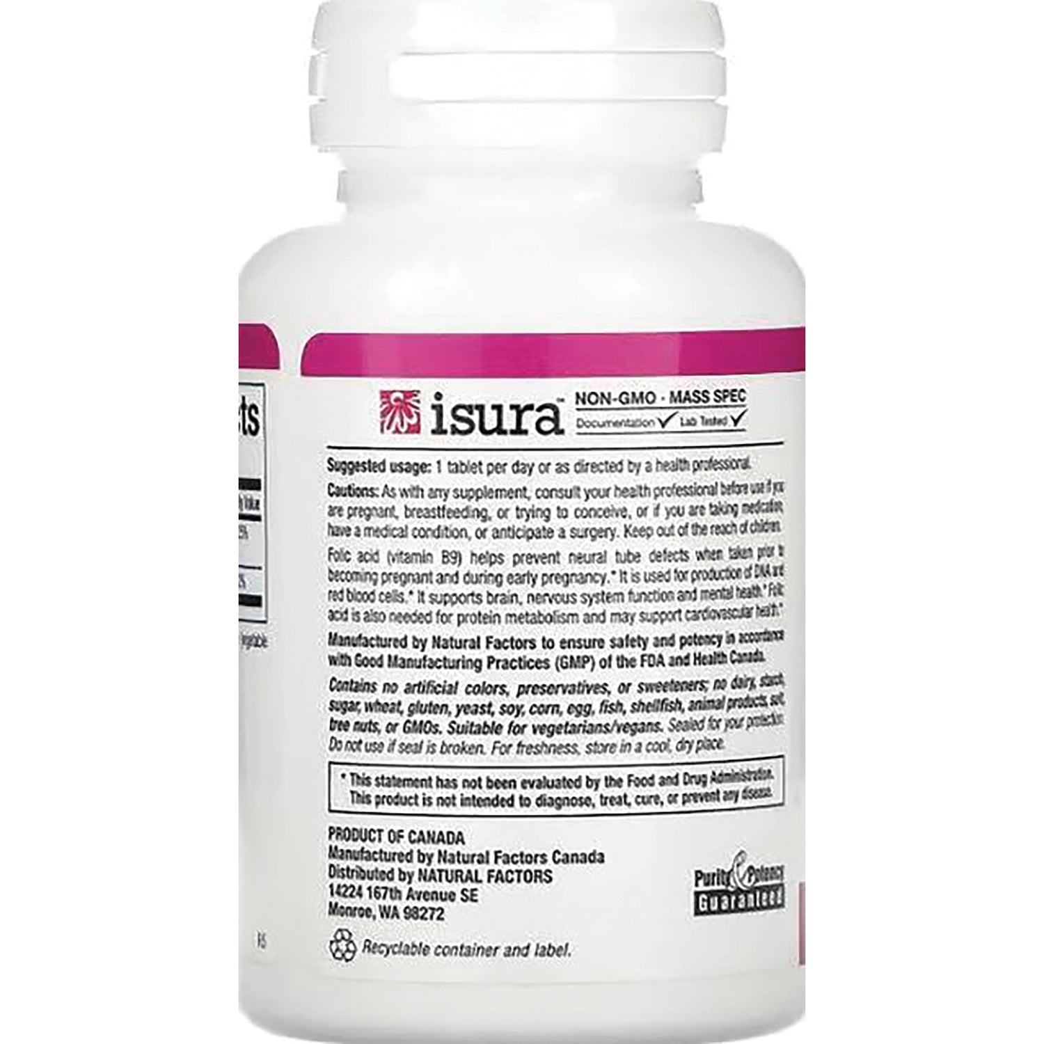 NFC003 | Back of white supplement bottle showing label with directions, ingredients, and product information