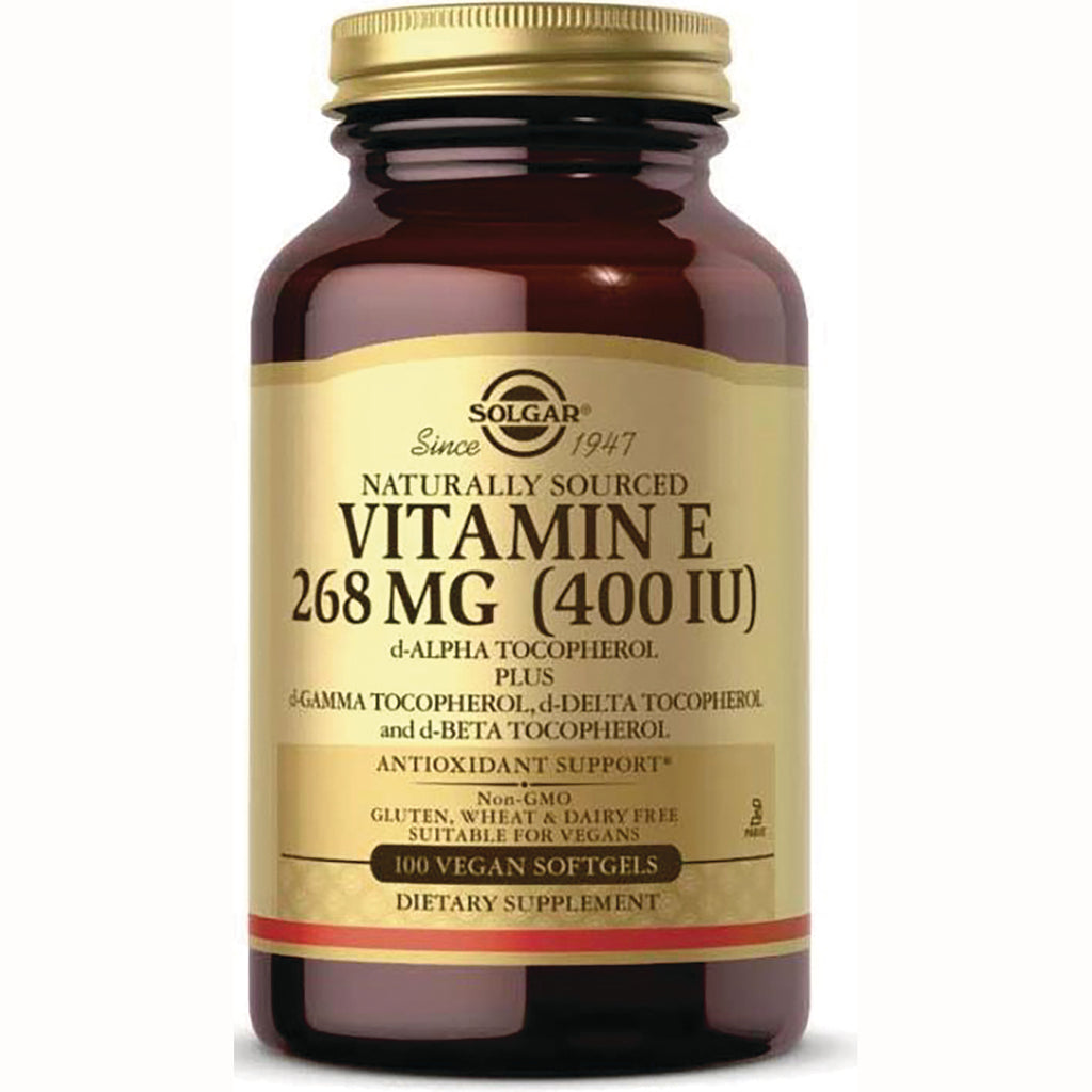 SLG308 | Solgar Vitamin E 268 MG (400 IU) brown bottle with gold label, 100 vegan softgels - Thumbnail