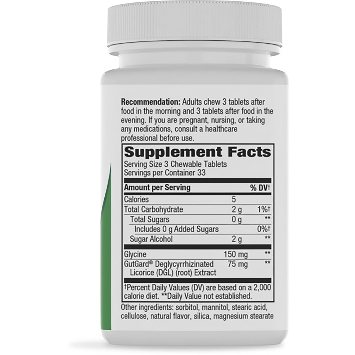 ET074 | back of brown supplement bottle showing Supplement Facts panel, ingredients, and dosage directions