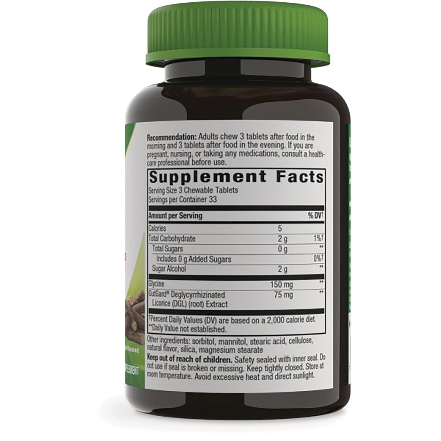 ET074 | back of brown supplement bottle showing Supplement Facts panel, ingredients, and dosage directions