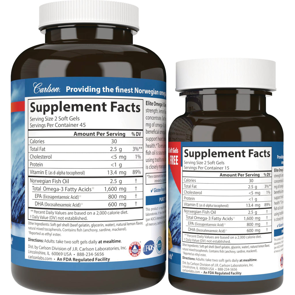 CSN113 | back label showing Supplement Facts panel on two brown bottles with omega-3 nutrition facts - Thumbnail