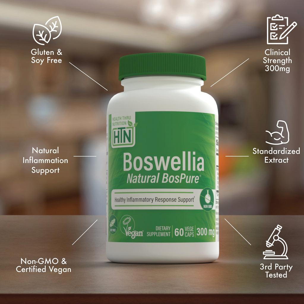 HTN009 | Boswellia Natural BosPure bottle with infographic callouts: Gluten & Soy Free, clinical strength 300mg, non-GMO, certified vegan, 3rd party tested - Thumbnail