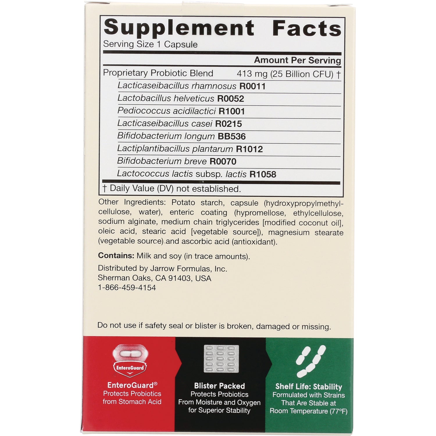 JR341 | Supplement Facts back panel listing probiotic strains, other ingredients and packaging warnings