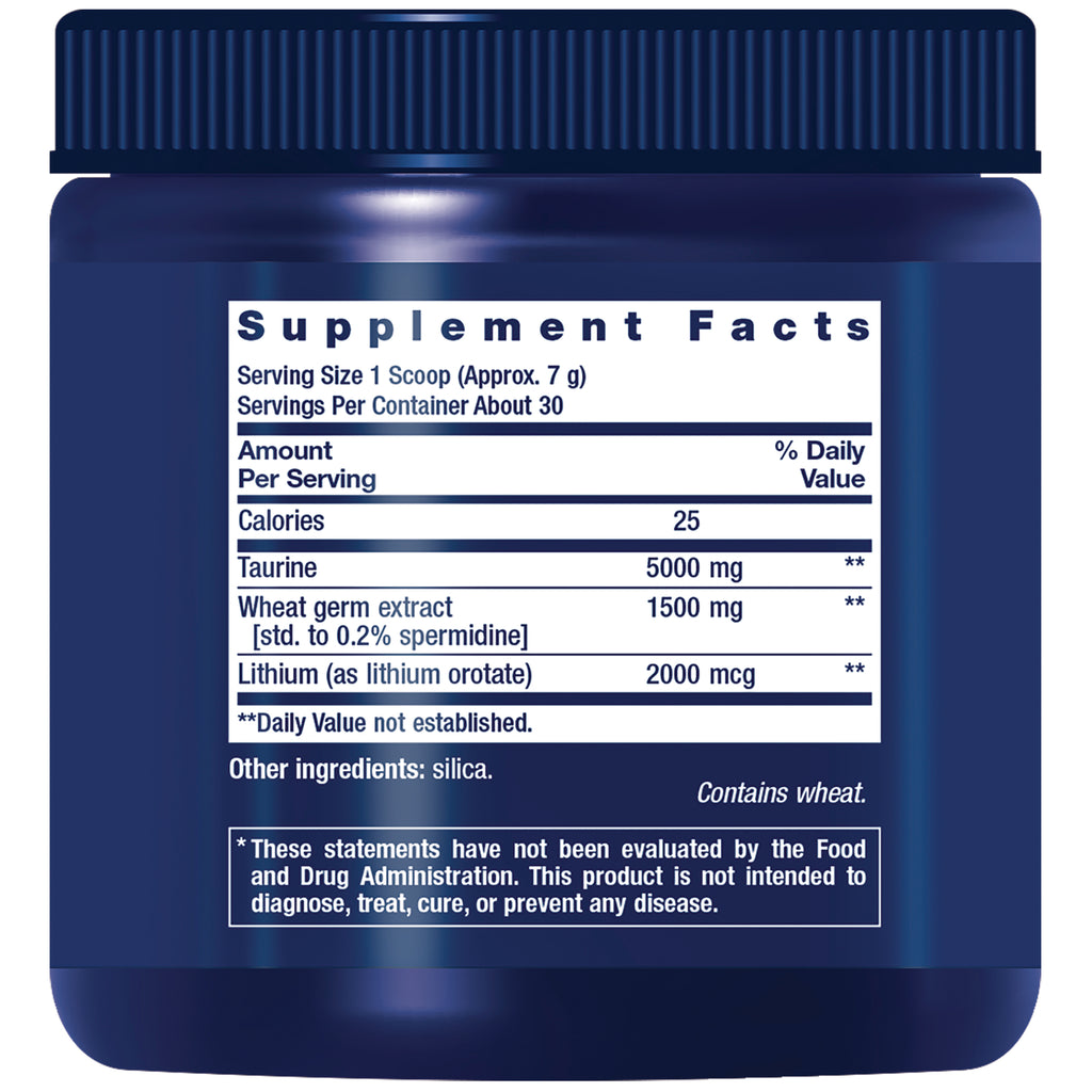 LE596 | Product back label showing Supplement Facts with serving size 1 scoop, calories 25, taurine 5000 mg, wheat germ extract 1500 mg, lithium 2000 mcg, contains wheat - Thumbnail