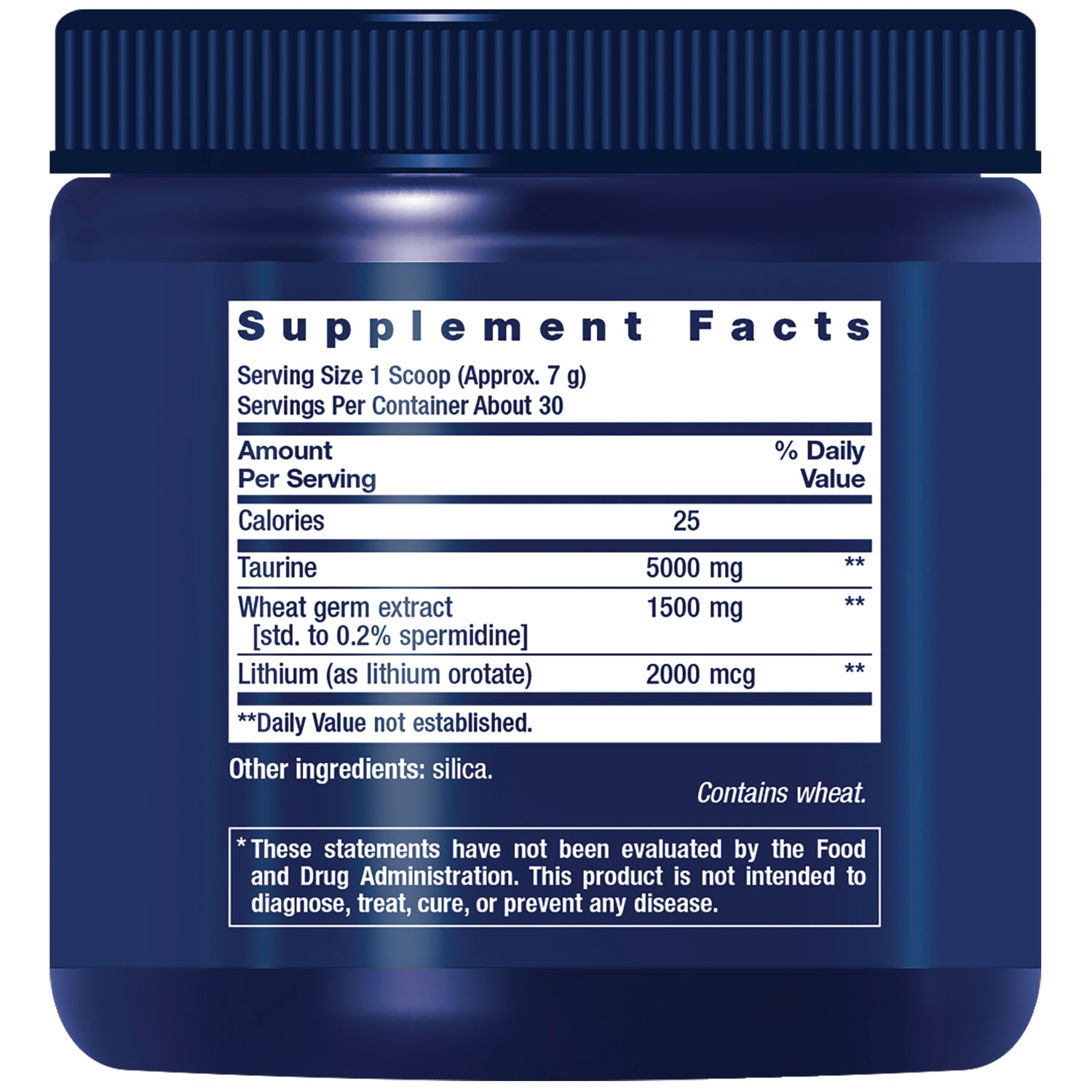 LE596 | Product back label showing Supplement Facts with serving size 1 scoop, calories 25, taurine 5000 mg, wheat germ extract 1500 mg, lithium 2000 mcg, contains wheat