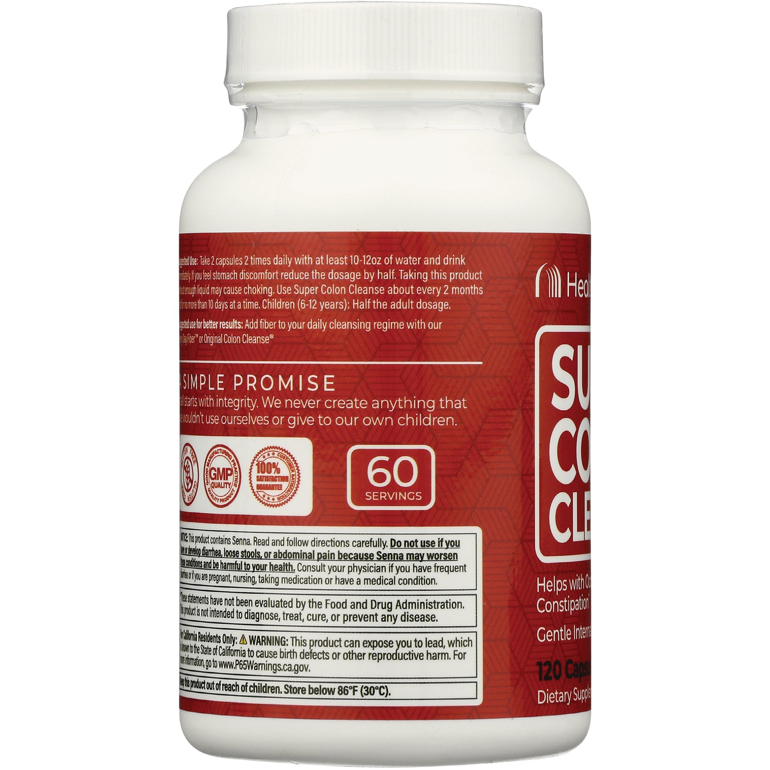 HP011 | back label of red supplement bottle showing 60 servings badge and warning and usage text