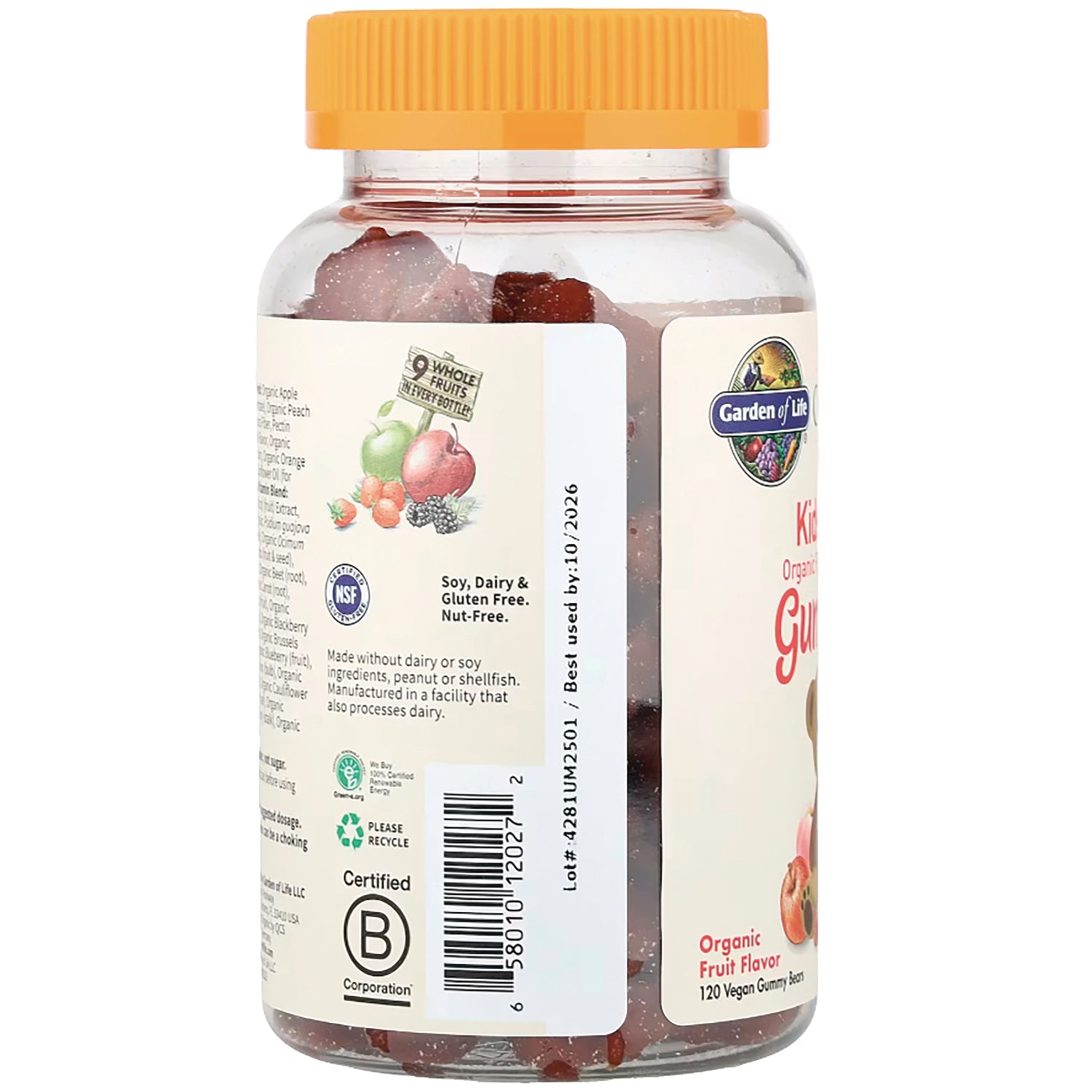 GLF234 | back label of gummy bottle showing nutrition label, barcode, certifications and orange cap