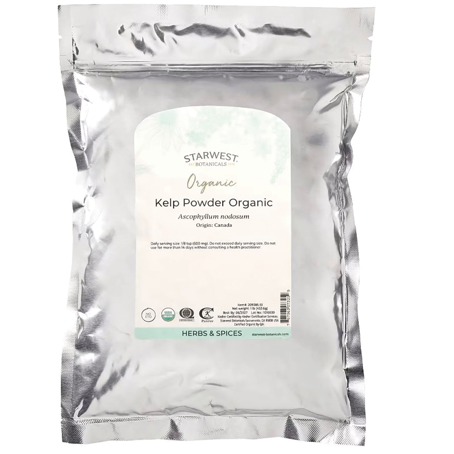 STB007 | Starwest Botanicals Organic Kelp Powder pouch, front label reading Kelp Powder Organic