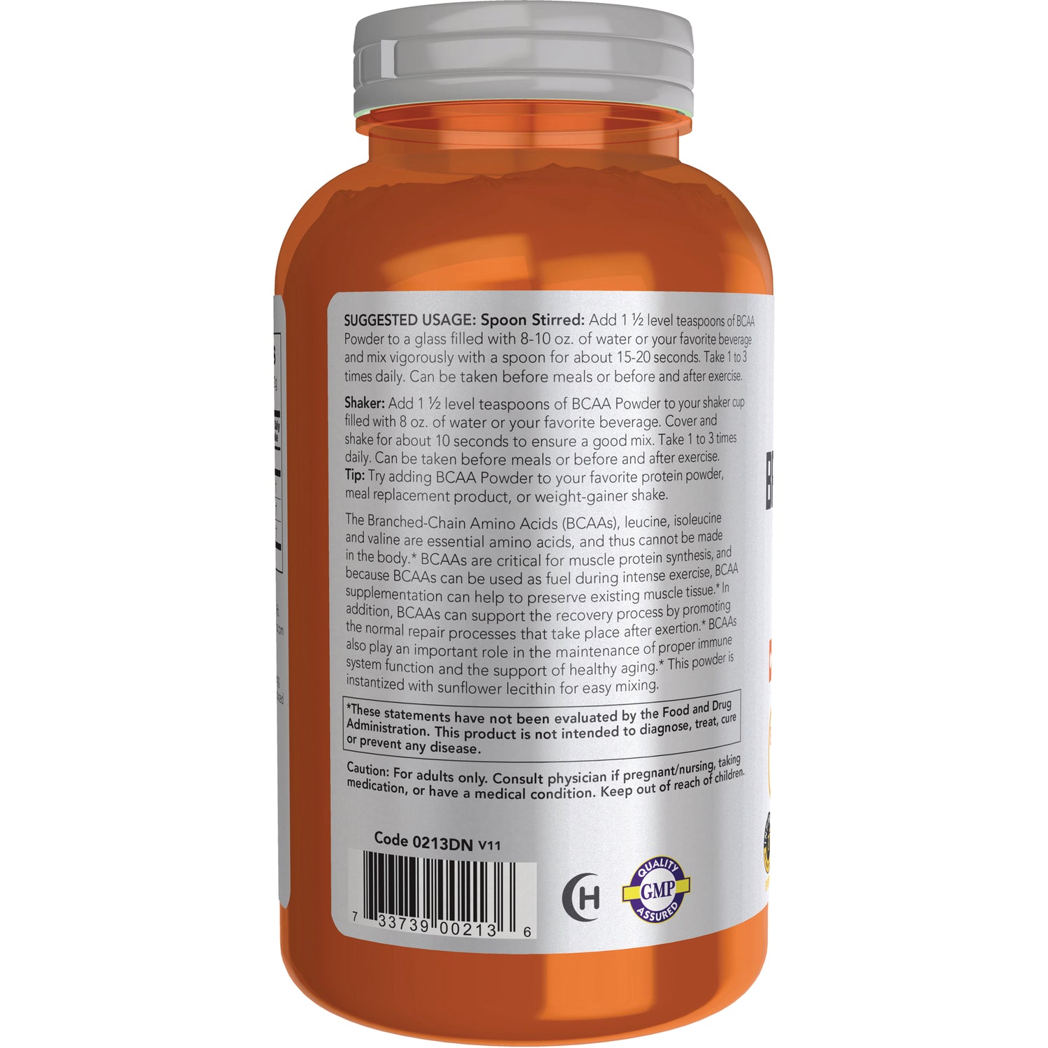 NWF861 | Back label of orange supplement bottle showing suggested usage, caution text and barcode
