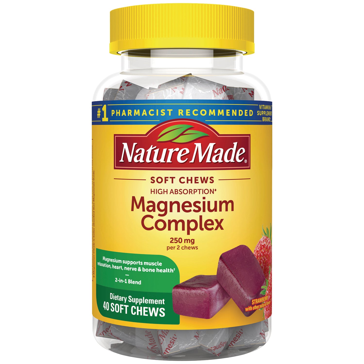 NTM184 | Nature Made Magnesium Complex soft chews bottle, 250 mg per 2 chews, 40 strawberry-flavored chews