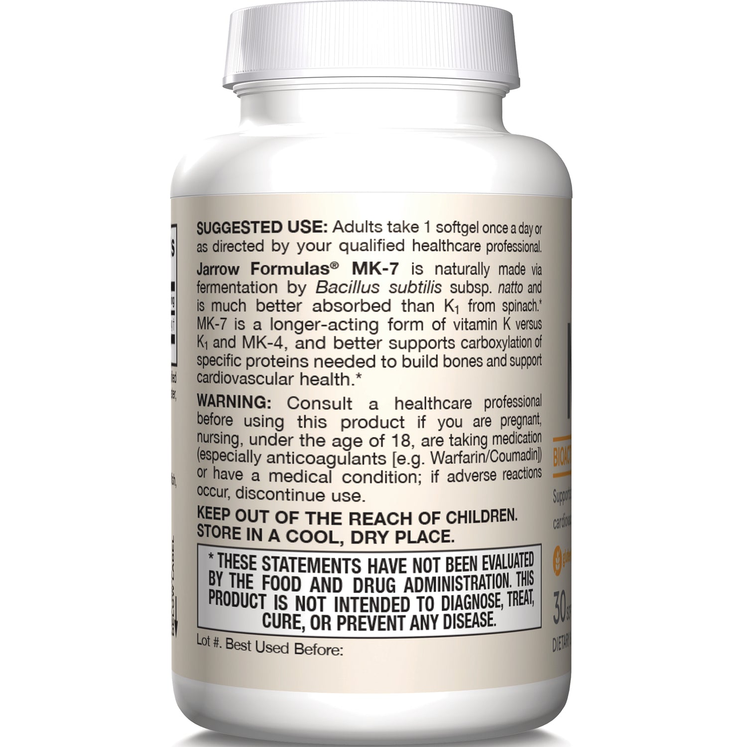 JR324 | Back label of supplement bottle showing suggested use, warning, storage instructions, and FDA disclaimer