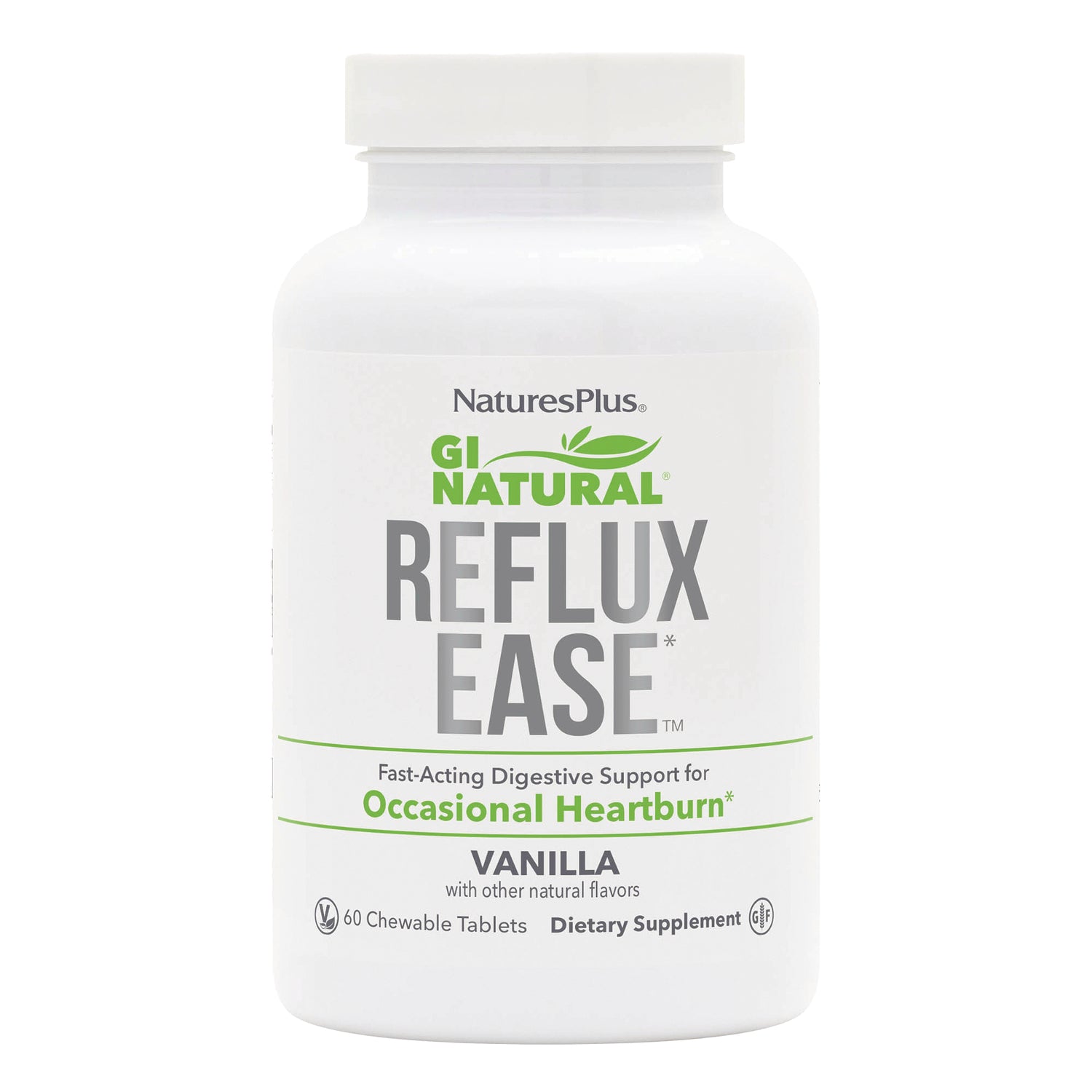 NTP348 | NaturesPlus GI Natural Reflux Ease vanilla chewable tablets bottle front label