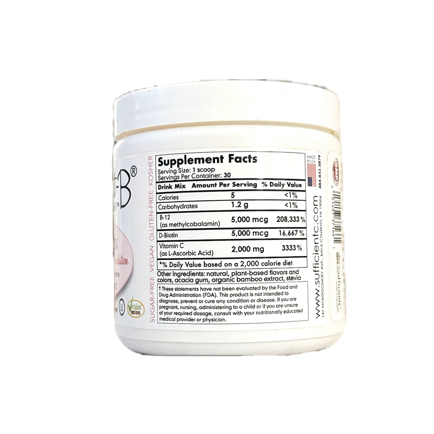 SFF004 | Back label showing Supplement Facts panel and ingredients on white supplement jar